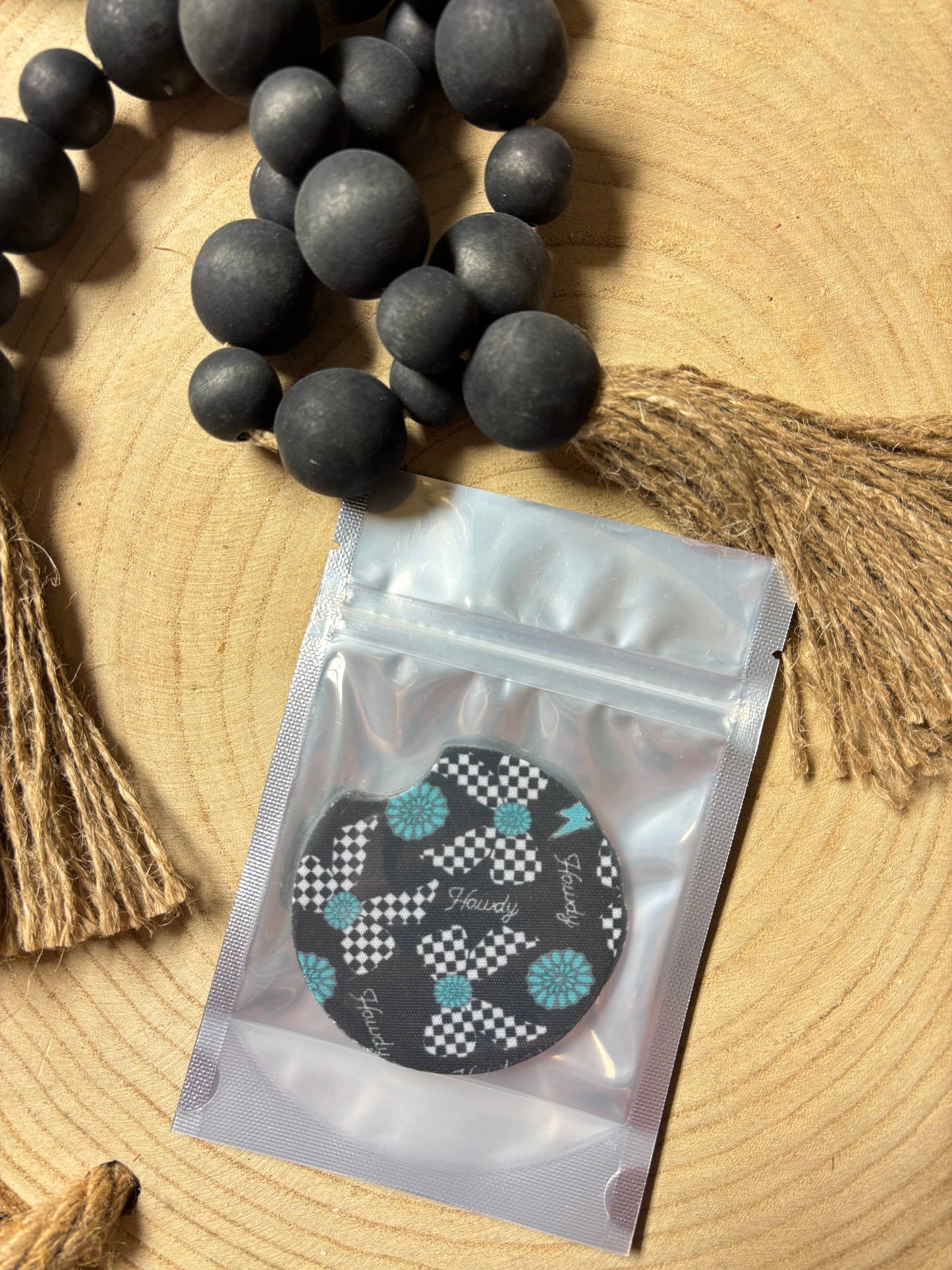 Turquoise Concho & Checkered Bow Car Coasters