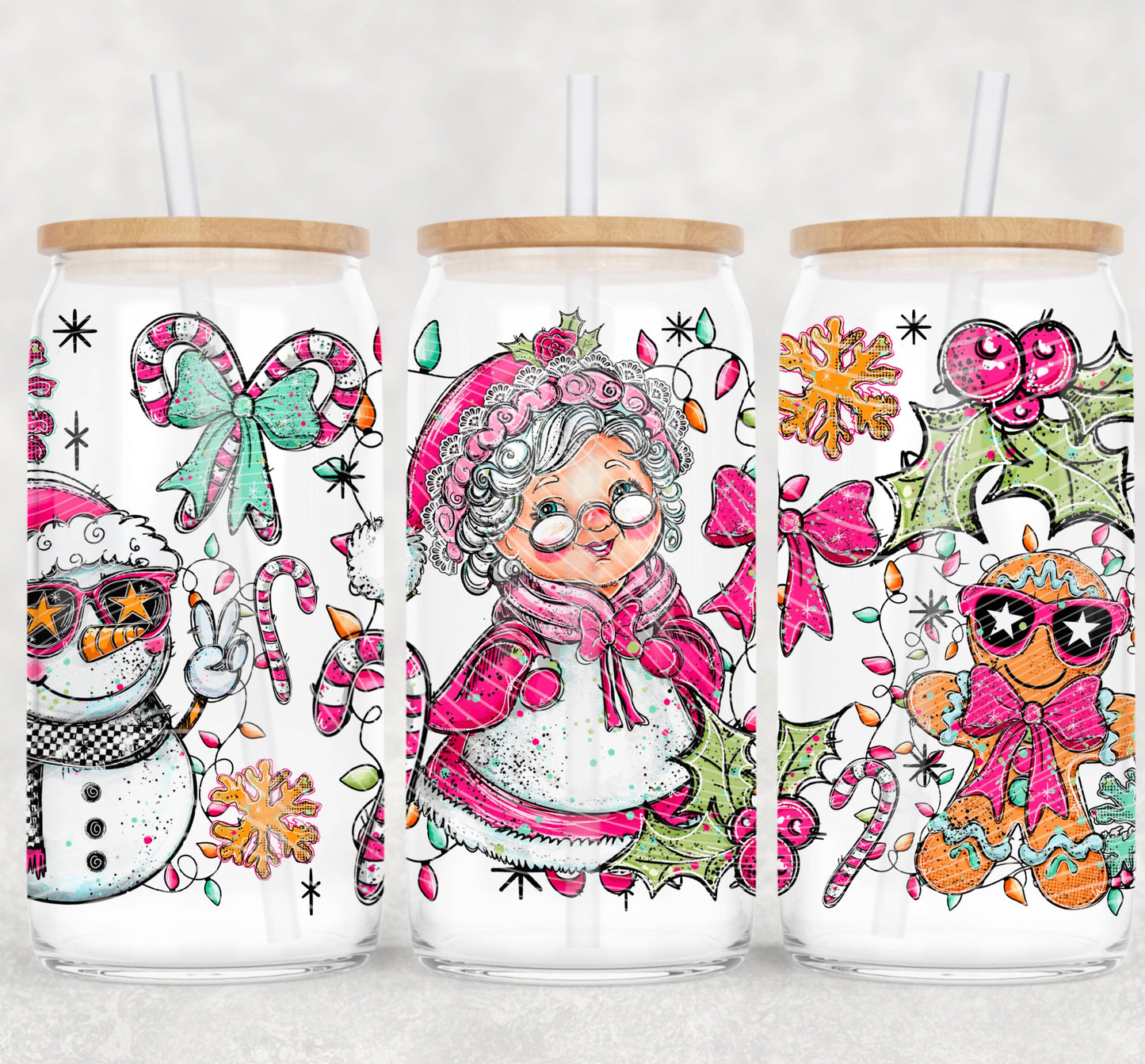 Doodle Mrs. Claus (Light Skin) UV DTF Libbey Transfer | Trendy Christmas Libbey Wrap | Ready to Transfer | High Quality | Waterproof UV Transfer