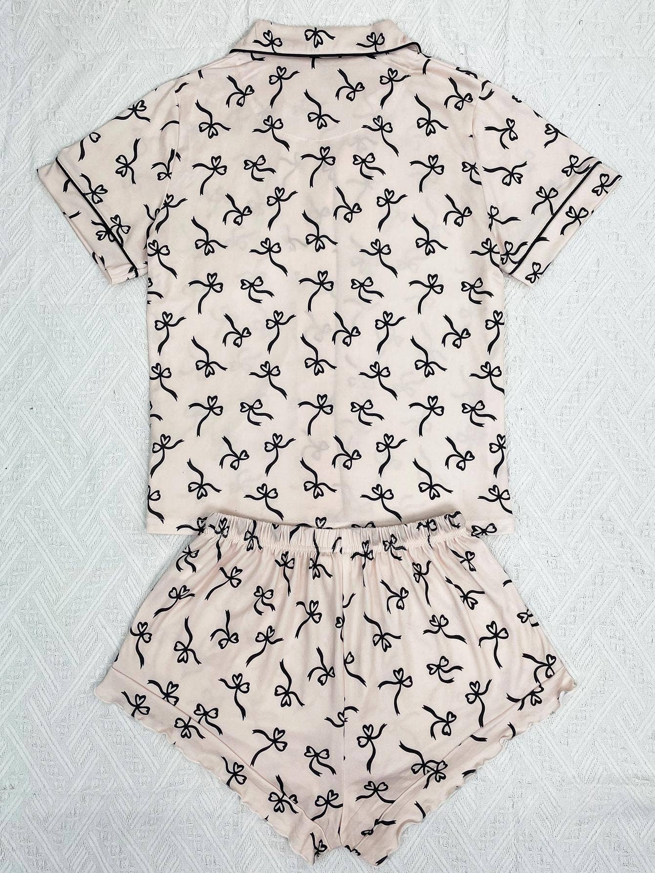Pink Bow Printed Basic Short-Sleeve Shorts Pajama Set
