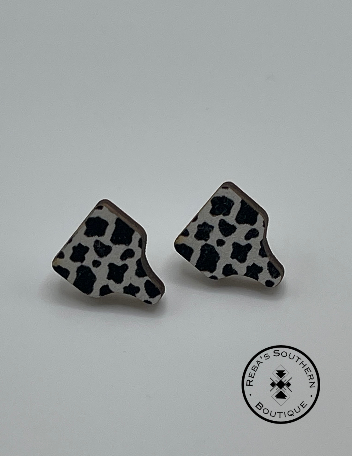 Wood cow print tag style studded earrings