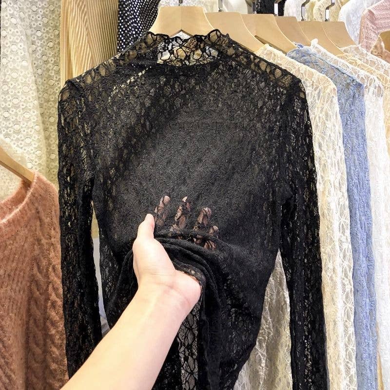 Textured Floral Lace Sheer Mesh see through Layering Top