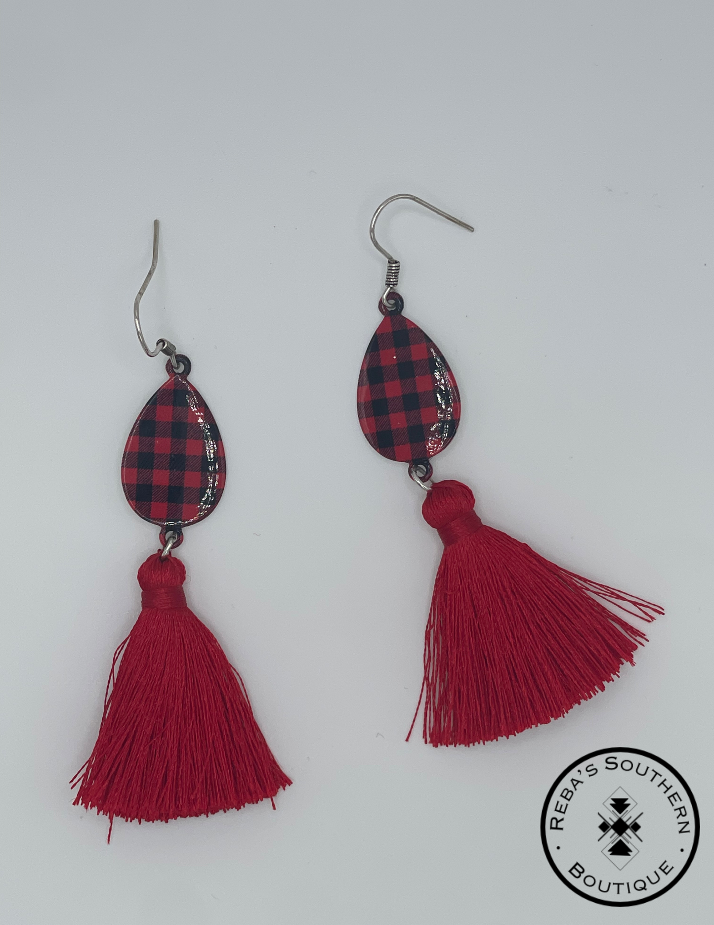 Red plaid fringe fishhook earrings