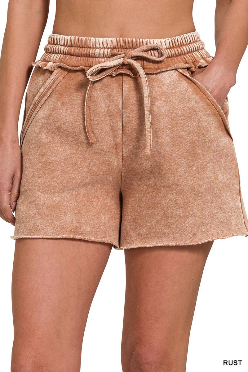 Acid Wash Fleece Drawstring Shorts With Pockets