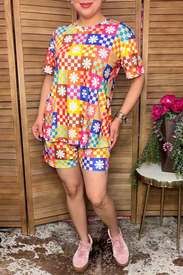 Western patchwork top & shorts women boutique set GJQ17239