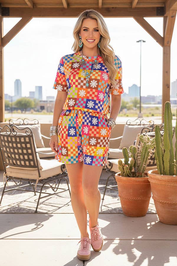 Western patchwork top & shorts women boutique set GJQ17239