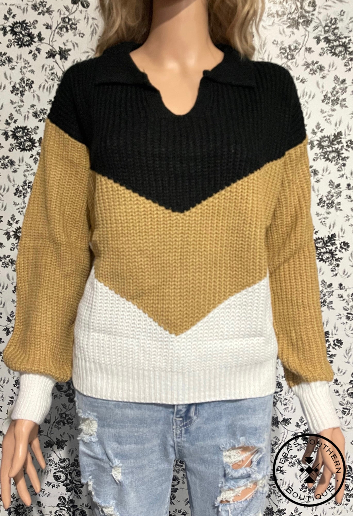 Color block collared knit sweater