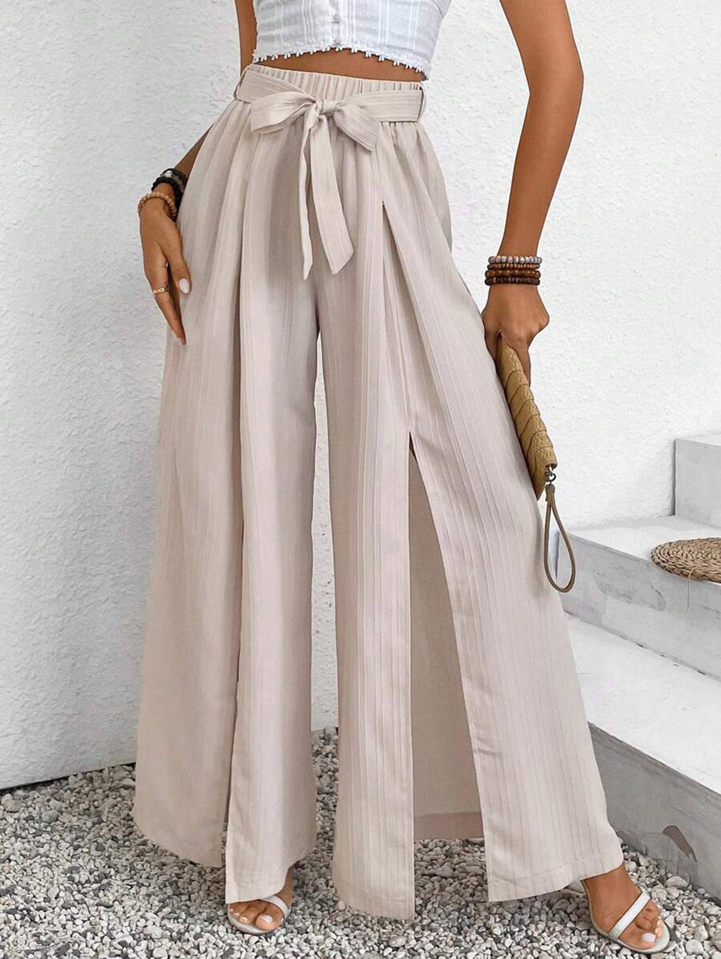 Casual Lace Up Loose High Waisted Pants
