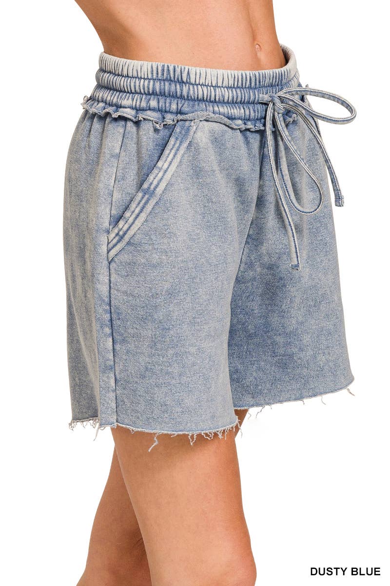 Acid Wash Fleece Drawstring Shorts With Pockets