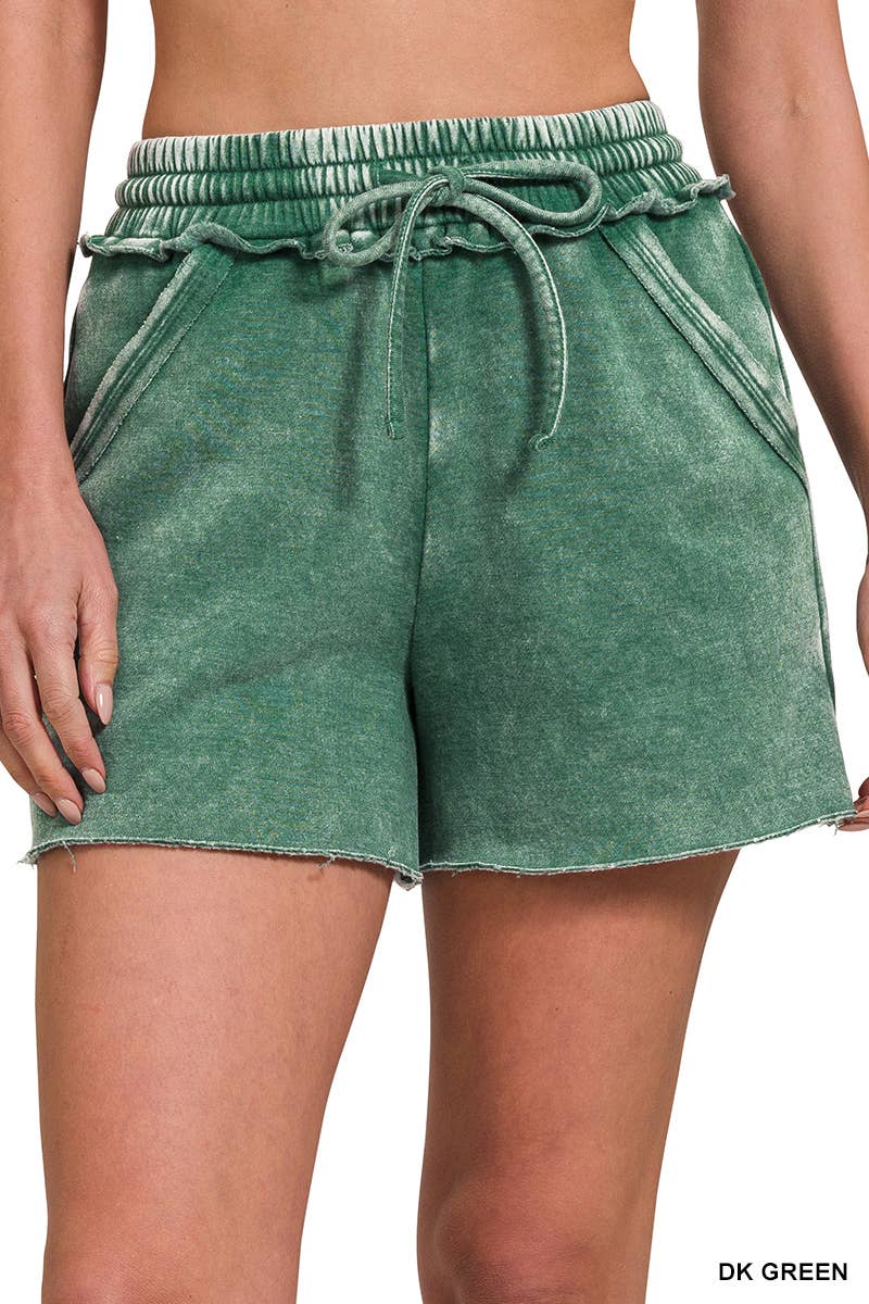 Acid Wash Fleece Drawstring Shorts With Pockets