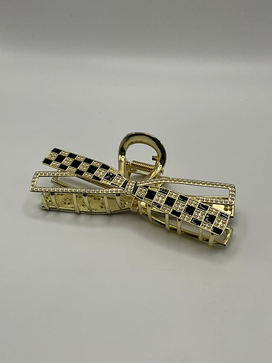 Gold metal checkard and rhinestone pearl pattern