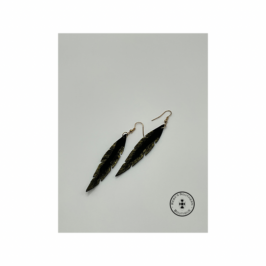 Grundge feather shape leather, black with gold sparkles fishhook earrings