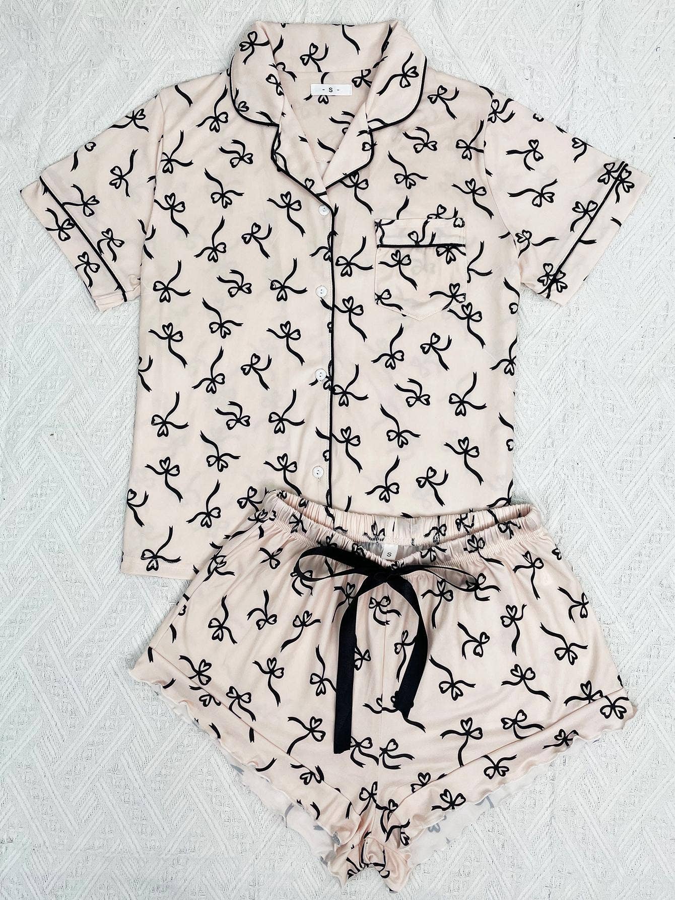 Pink Bow Printed Basic Short-Sleeve Shorts Pajama Set