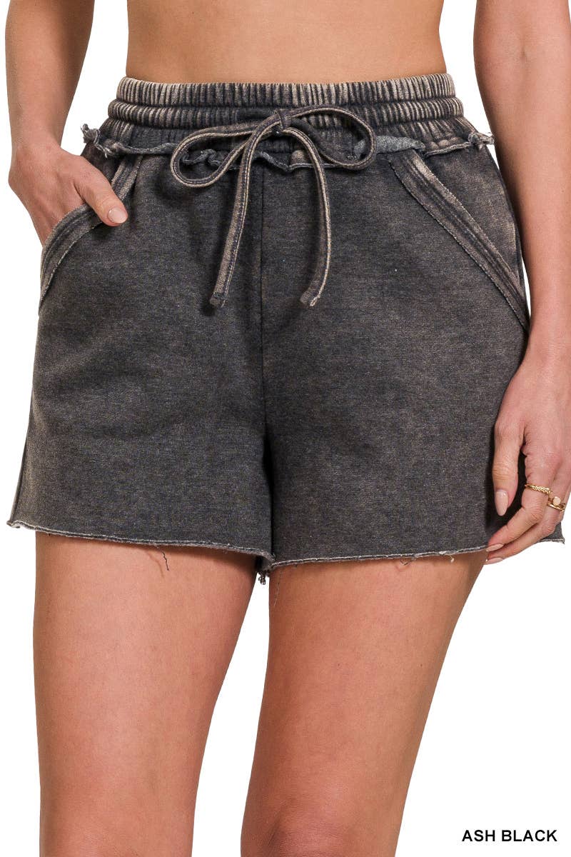Acid Wash Fleece Drawstring Shorts With Pockets