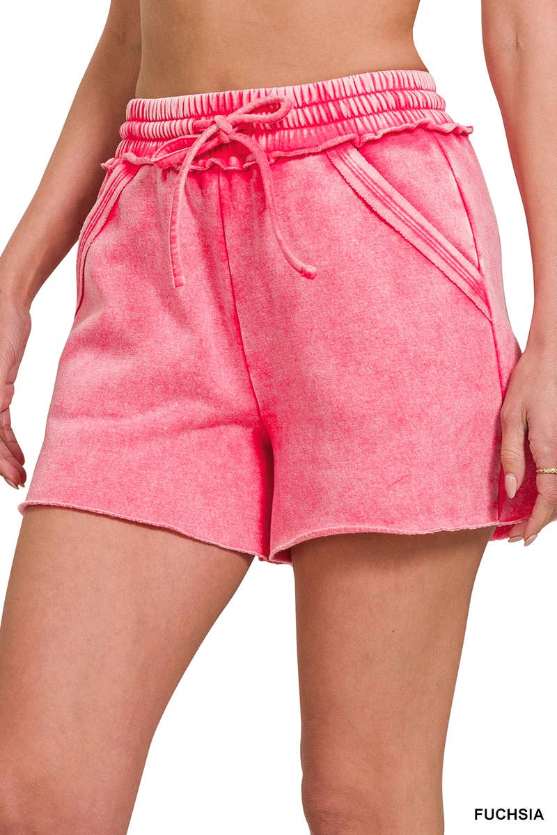 Acid Wash Fleece Drawstring Shorts With Pockets