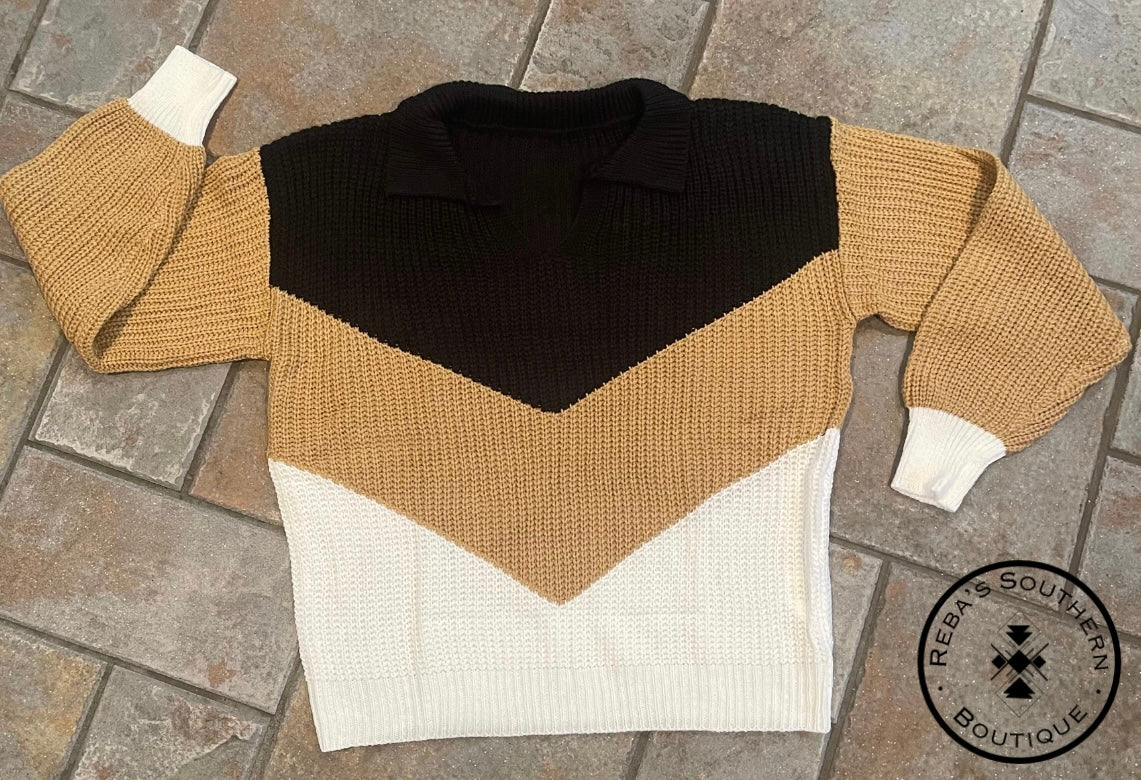 Color block collared knit sweater