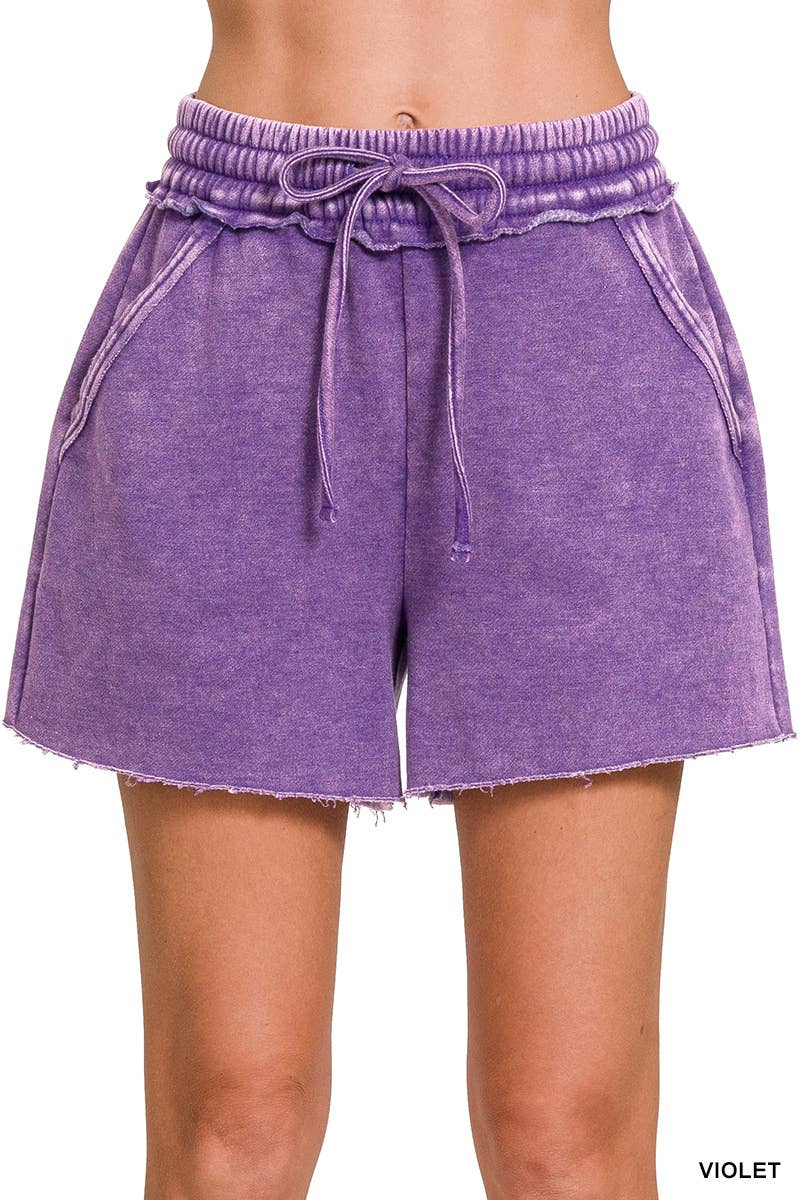 Acid Wash Fleece Drawstring Shorts With Pockets