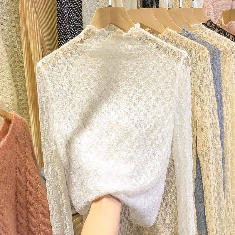 Textured Floral Lace Sheer Mesh see through Layering Top
