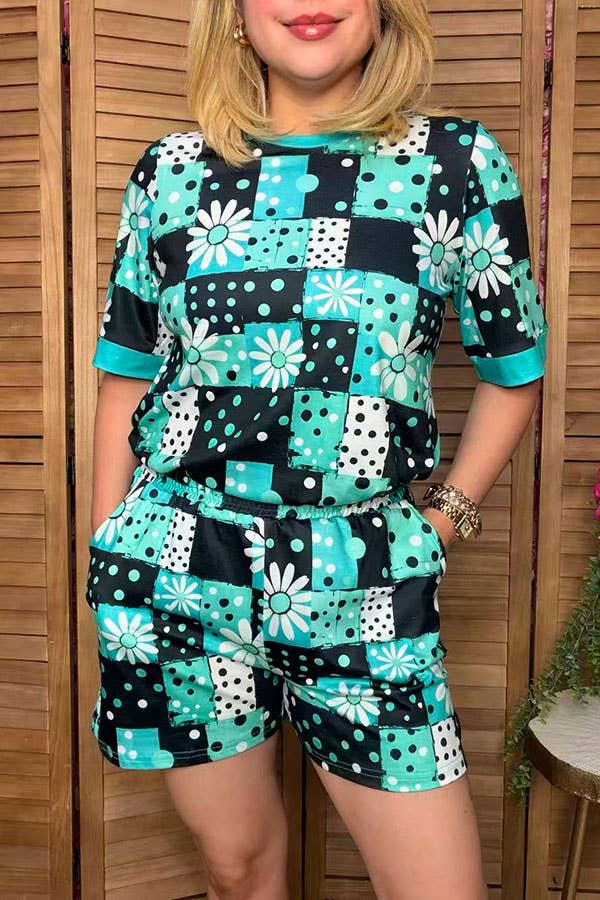 Ranch patchwork top shorts women's boutique set  GJQ17235