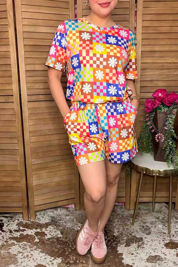 Western patchwork top & shorts women boutique set GJQ17239