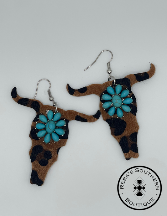 Leather cowhide cow skull turquoise fishhook earrings