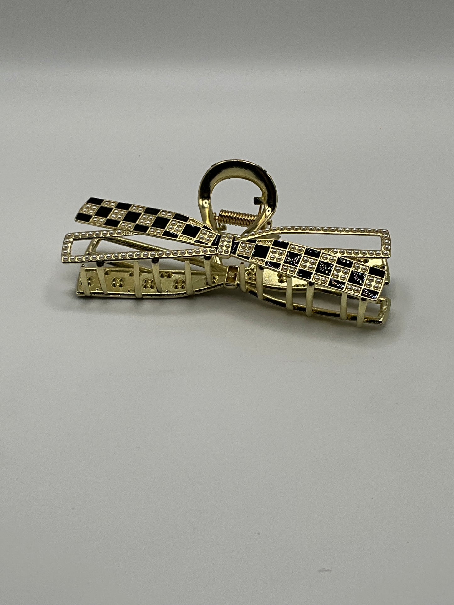 Gold metal checkard and rhinestone pearl pattern