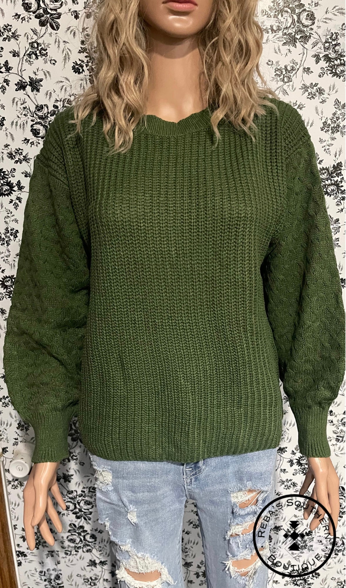 Green Fisherman cable knit loose fit casual sweater