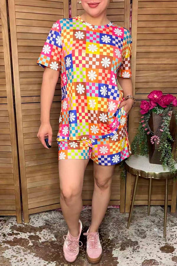 Western patchwork top & shorts women boutique set GJQ17239