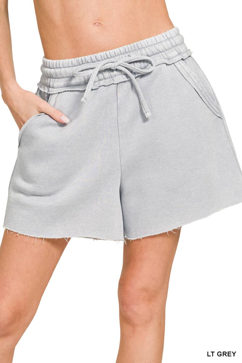 Acid Wash Fleece Drawstring Shorts With Pockets