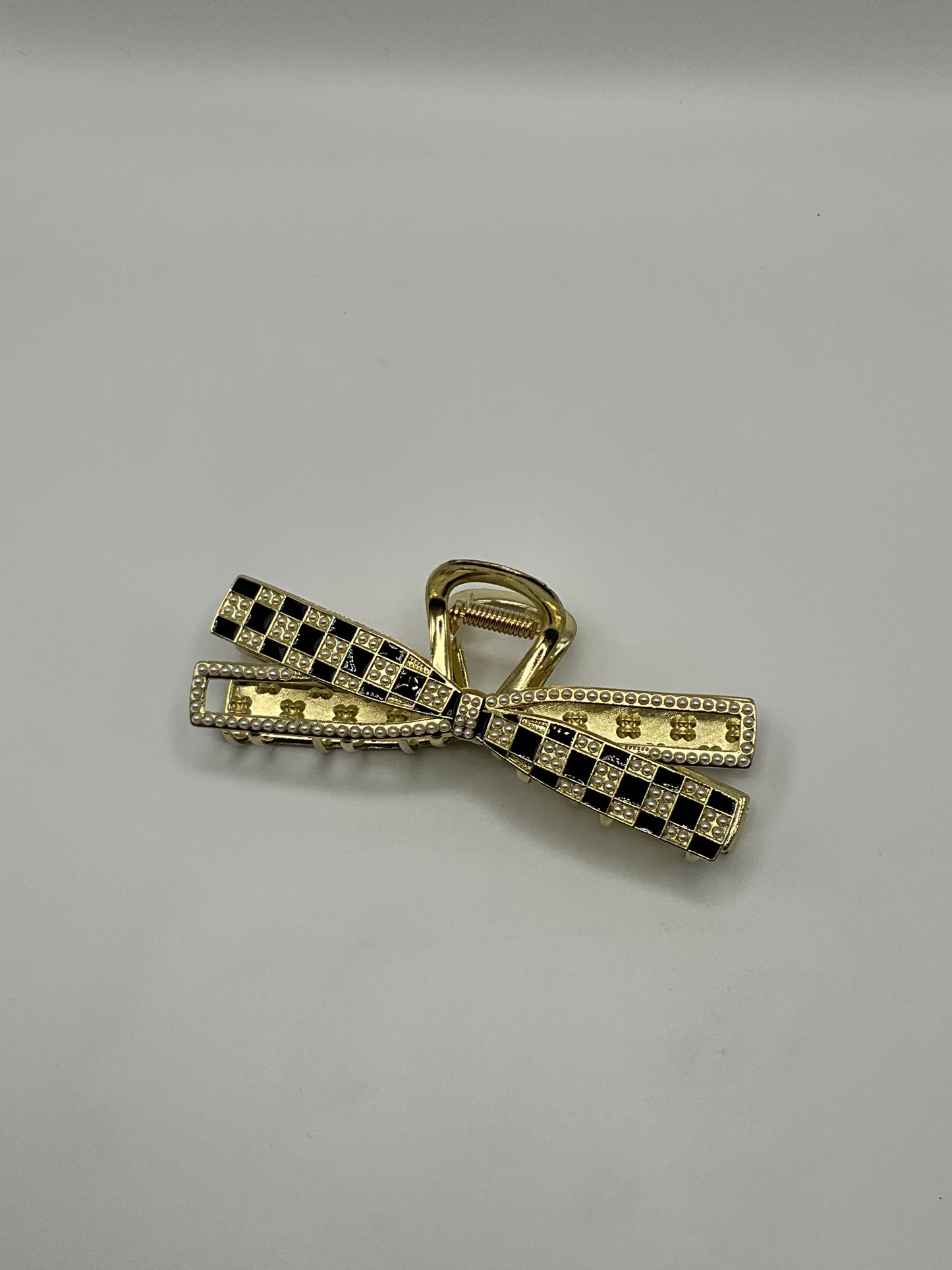 Gold metal checkard and rhinestone pearl pattern