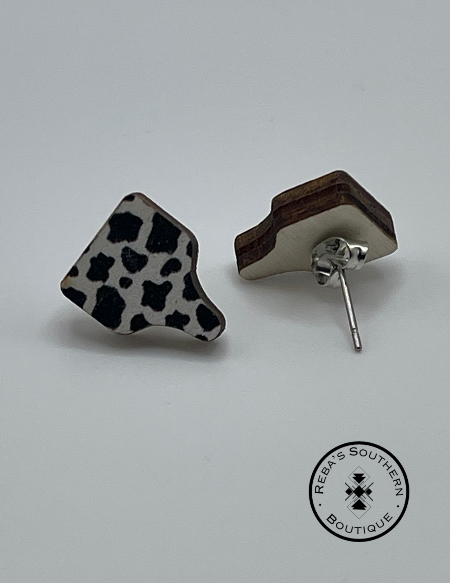 Wood cow print tag style studded earrings