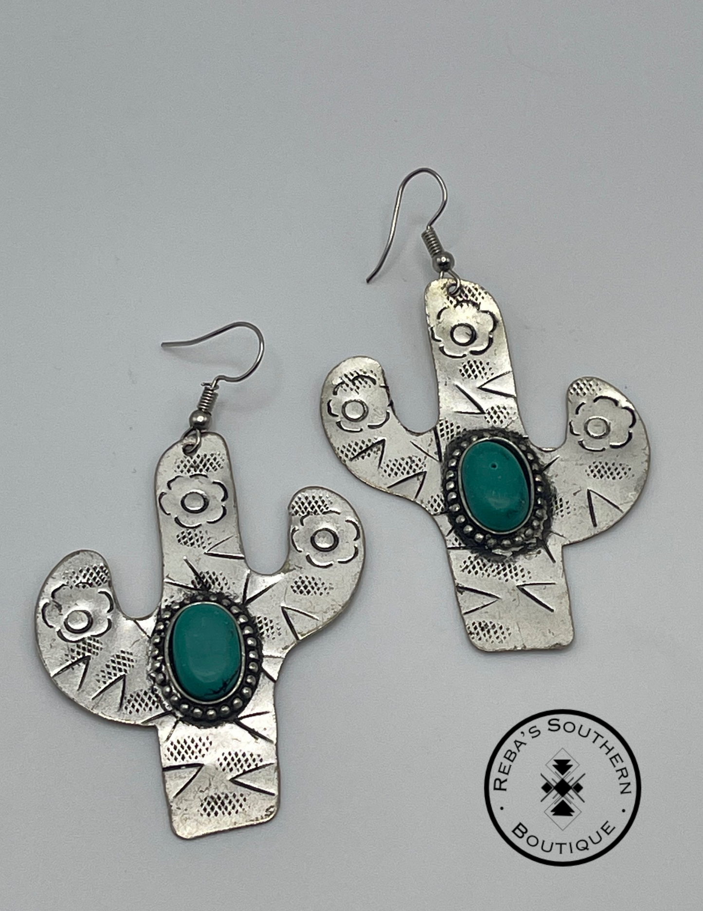 Flat metal cactus with turquoise center fishhook earrings