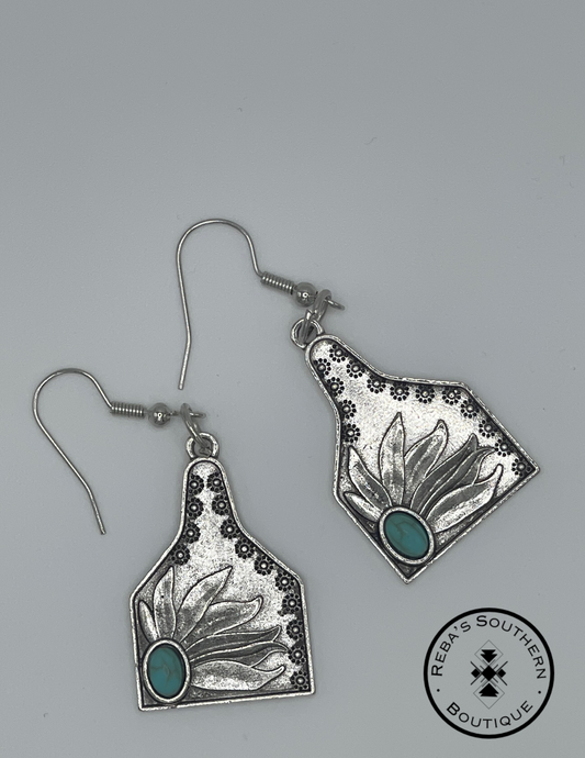 Metal turquoise sunflower tag fishhook earrings