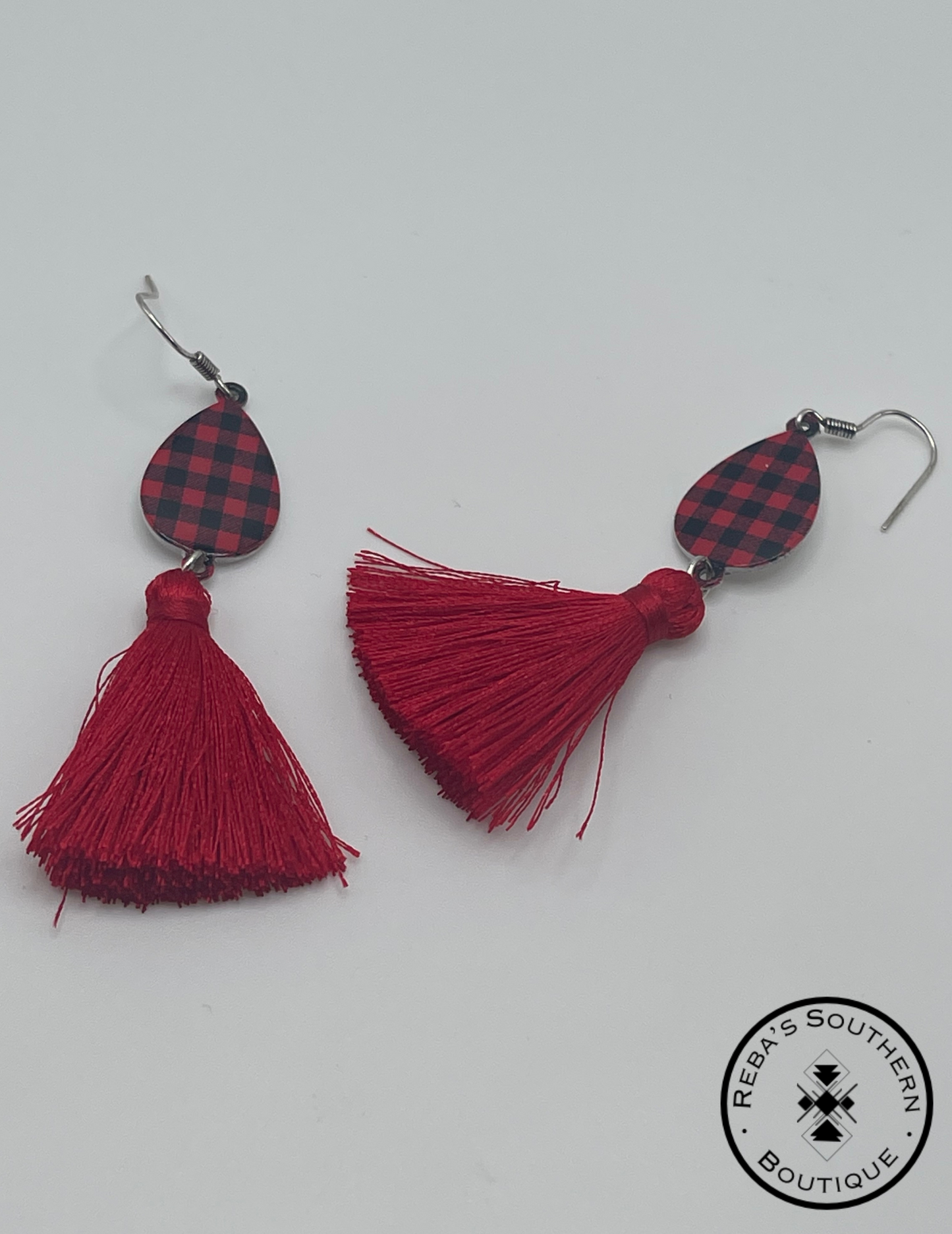 Red plaid fringe fishhook earrings