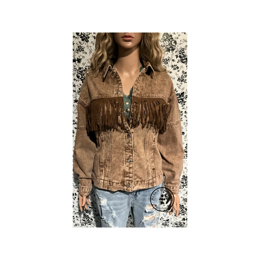 Brown rhinestone fringe cowgirl denim jacket