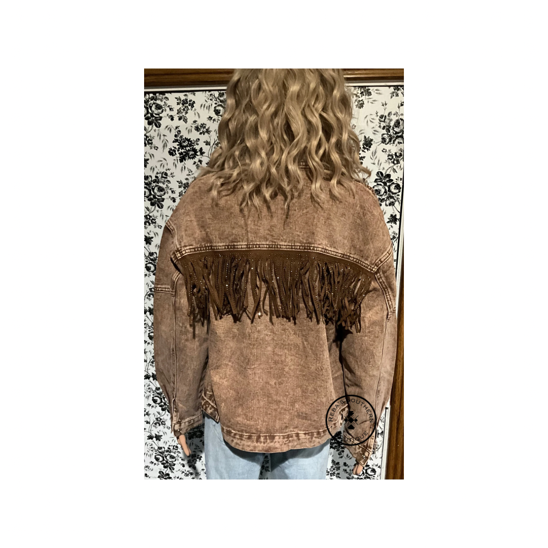 Brown rhinestone fringe cowgirl denim jacket