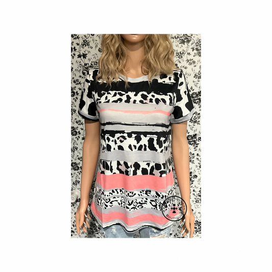 Grey cow leopard stripe o neck western tee