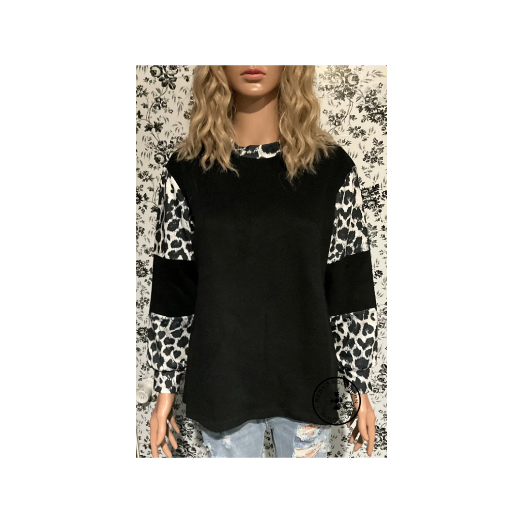 Black leopard colorblock long sleeve shirt