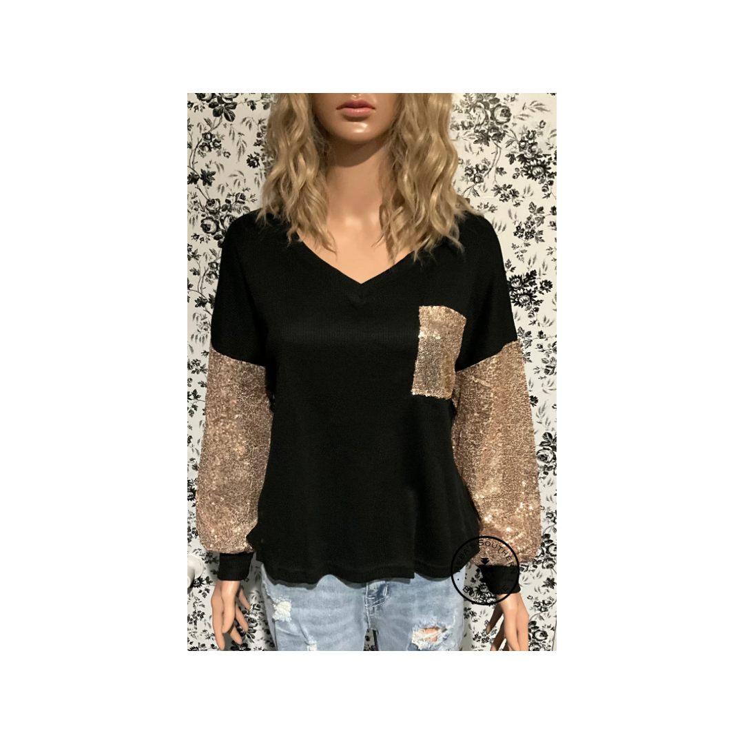 Sequin v neck bishop sleeves top