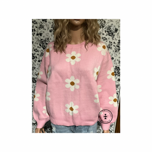 Pink floral pattern drop shoulder sweater