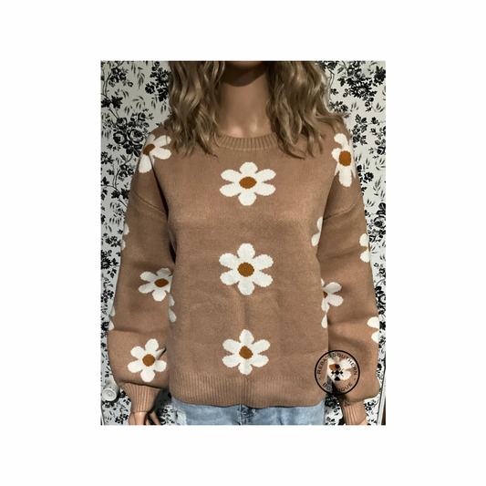 Pale khaki floral pattern drop shoulder sweater