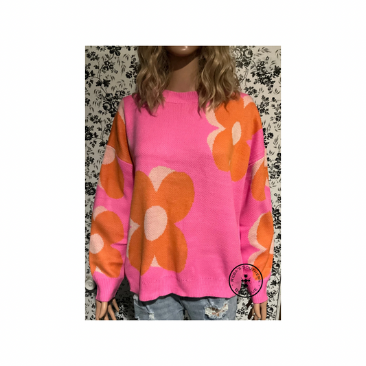 Pink sweater with orange flowers