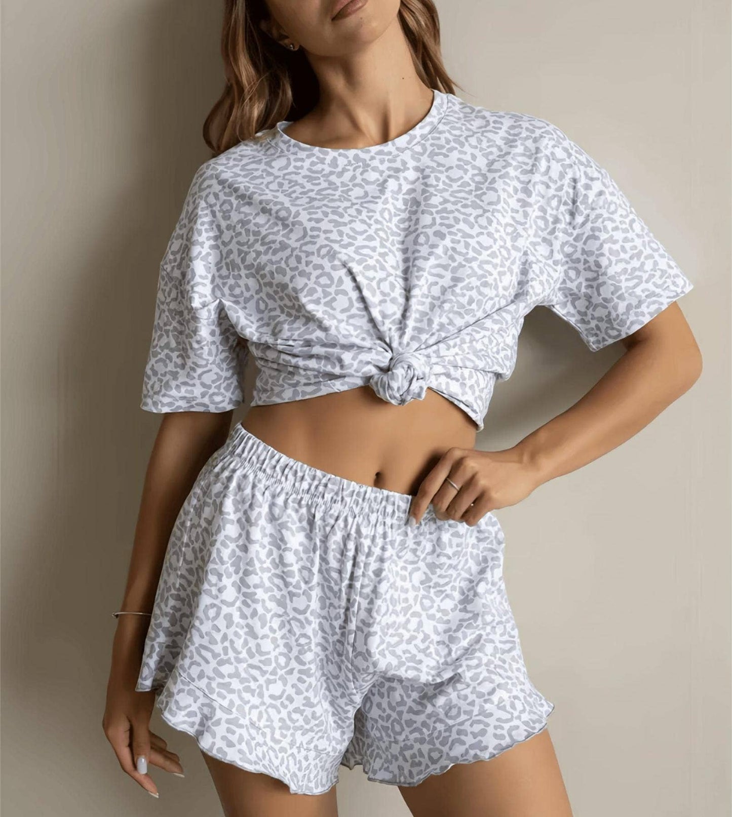 Leopard t-shirt & shorts set short sleeves pajamas 2 pcs
