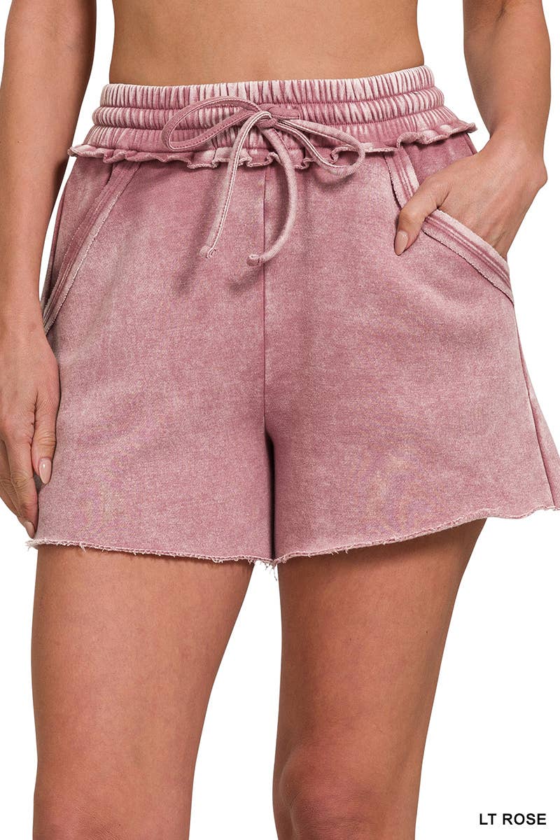 Acid Wash Fleece Drawstring Shorts With Pockets