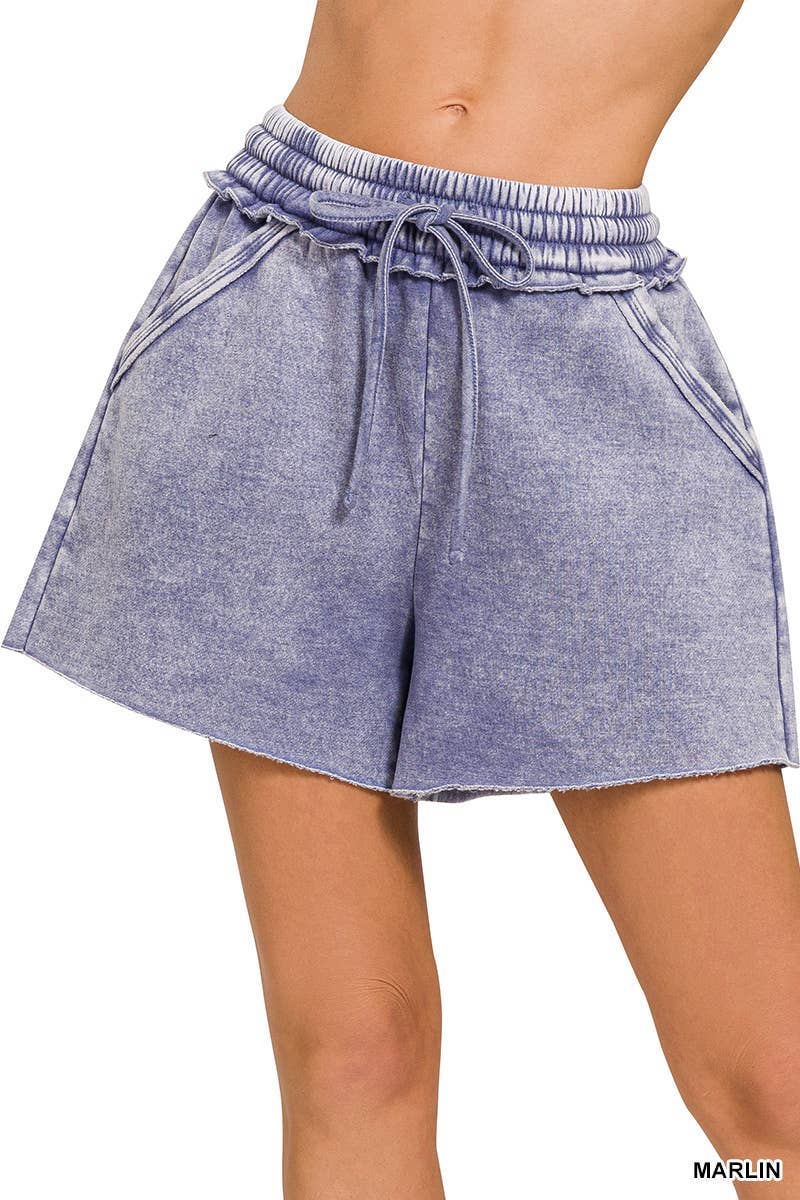 Acid Wash Fleece Drawstring Shorts With Pockets