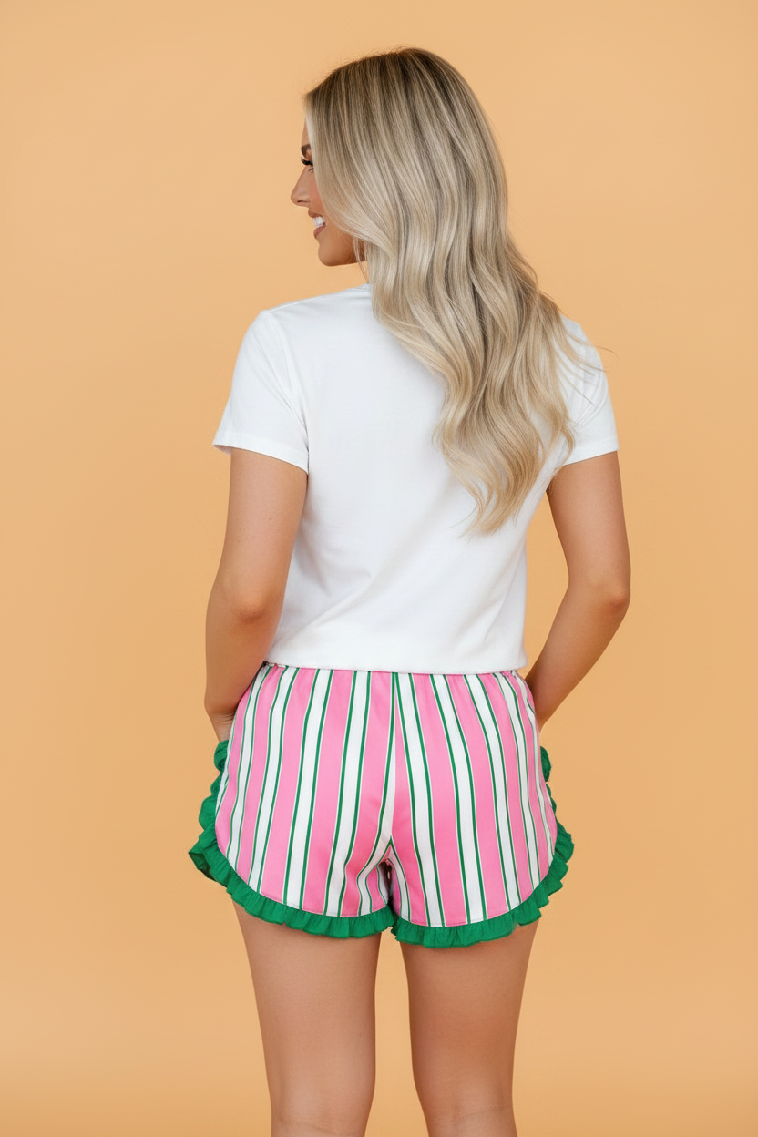 PRETTY BASH Stripe Contrast Ruffle Trim Shorts