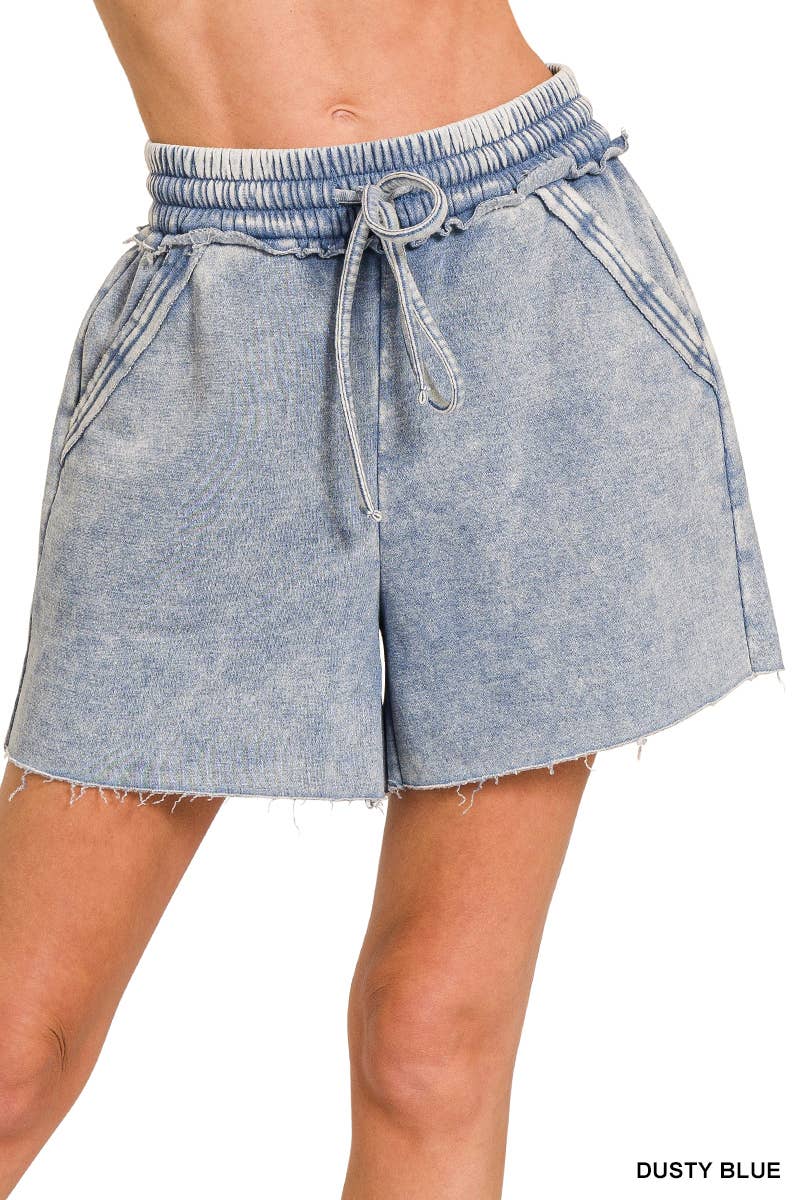 Acid Wash Fleece Drawstring Shorts With Pockets