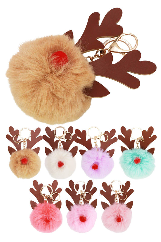 Christmas Reindeer Nose Fuzzy Pom Pom Key Chain