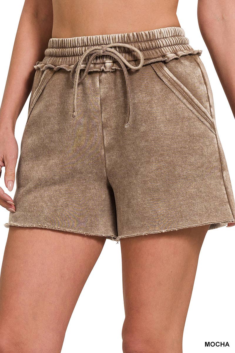 Acid Wash Fleece Drawstring Shorts With Pockets