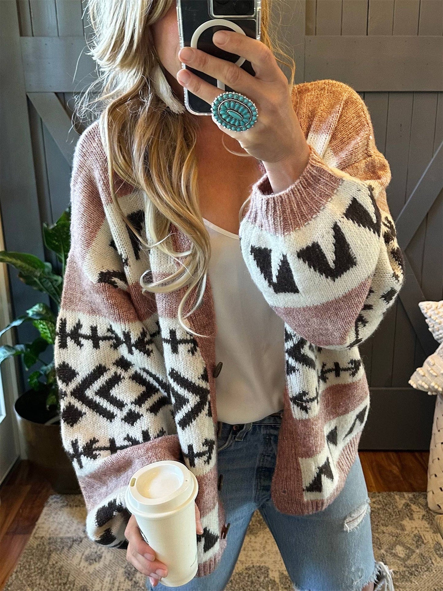 Jacquard Contrasting Color Knitted Cardigan