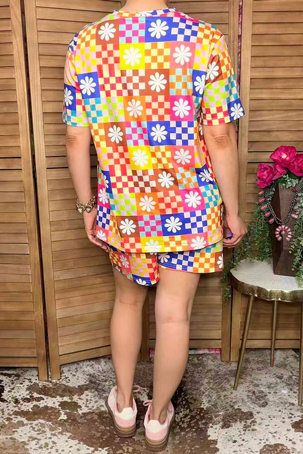 Western patchwork top & shorts women boutique set GJQ17239